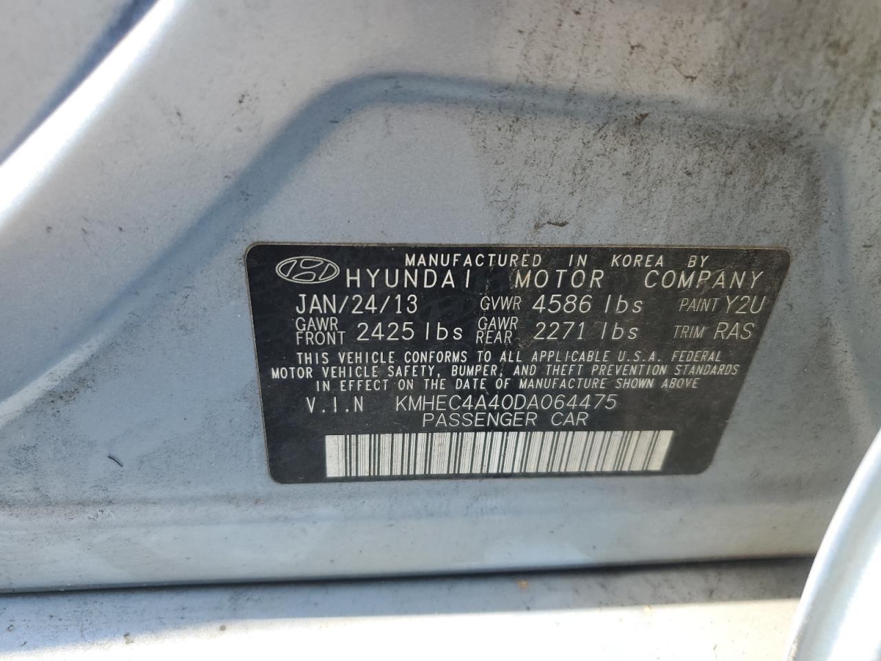 2013 Hyundai Sonata Hybrid VIN: KMHEC4A40DA064475 Lot: 58099984