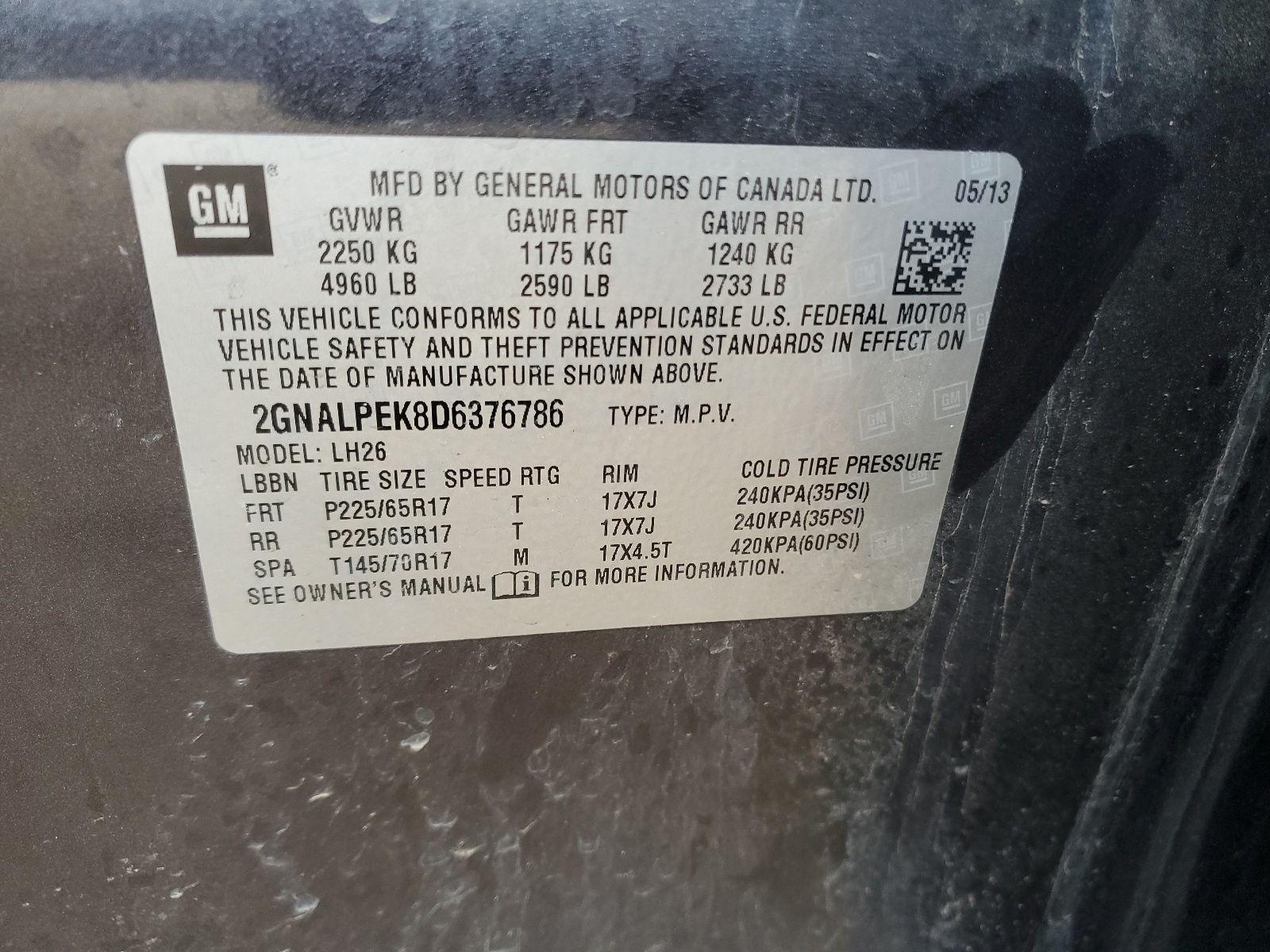 2GNALPEK8D6376786 2013 Chevrolet Equinox Lt