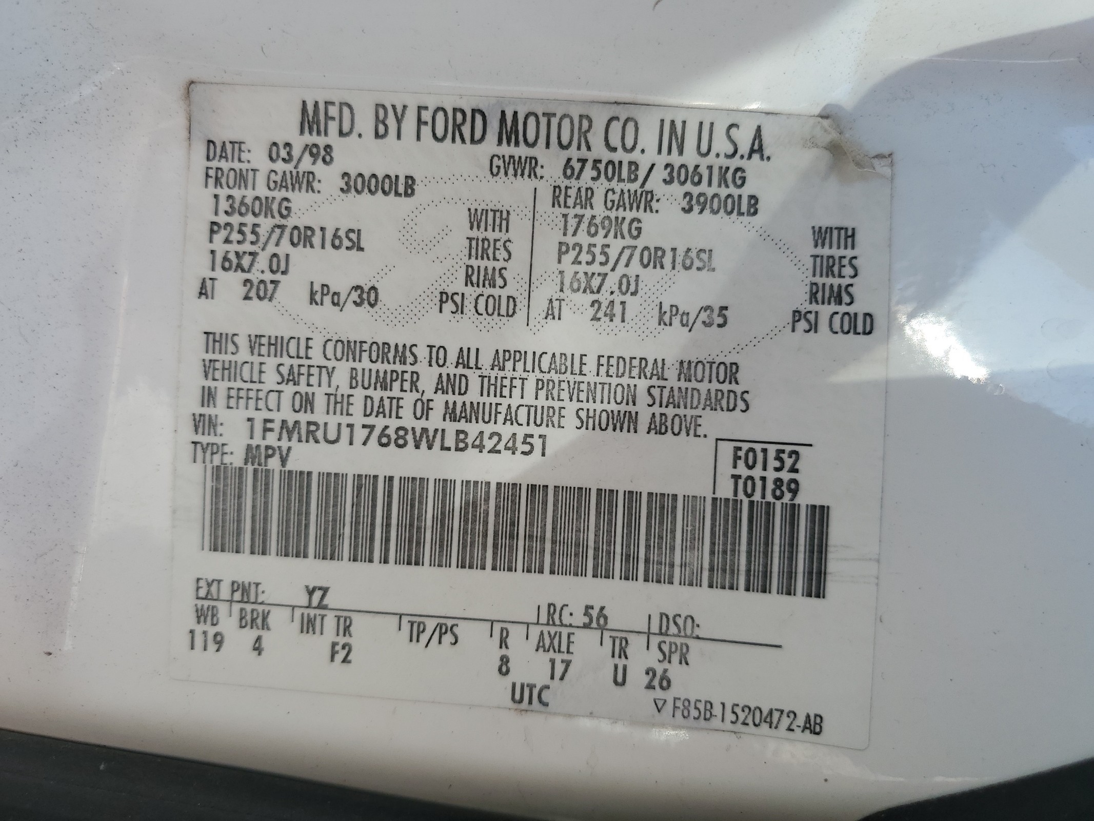 1FMRU1768WLB42451 1998 Ford Expedition