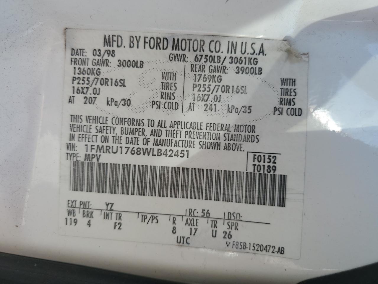 1998 Ford Expedition VIN: 1FMRU1768WLB42451 Lot: 58838464