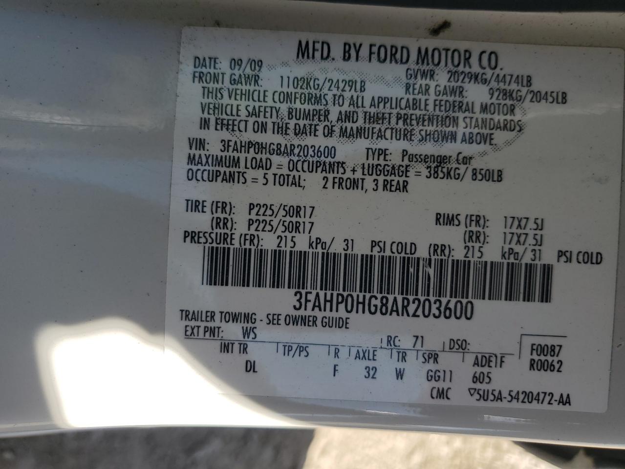2010 Ford Fusion Se VIN: 3FAHP0HG8AR203600 Lot: 60352464