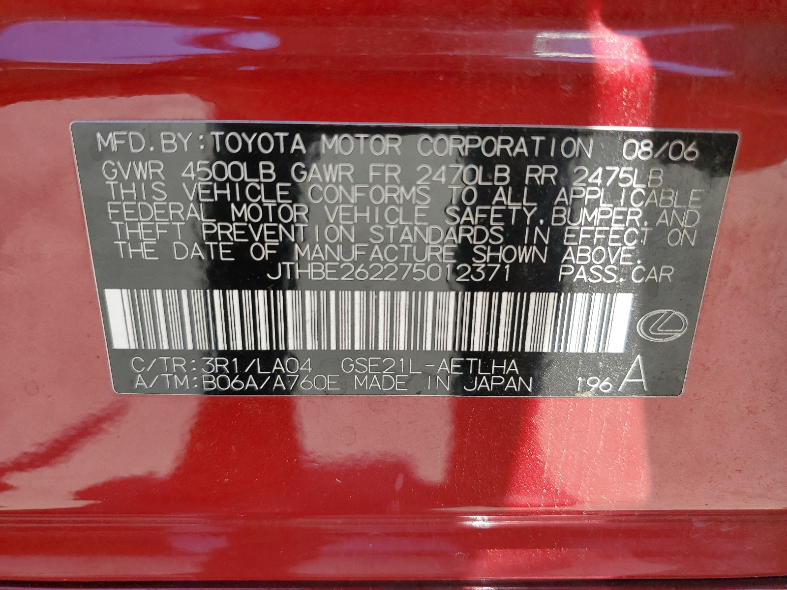 JTHBE262275012371 2007 Lexus Is 350