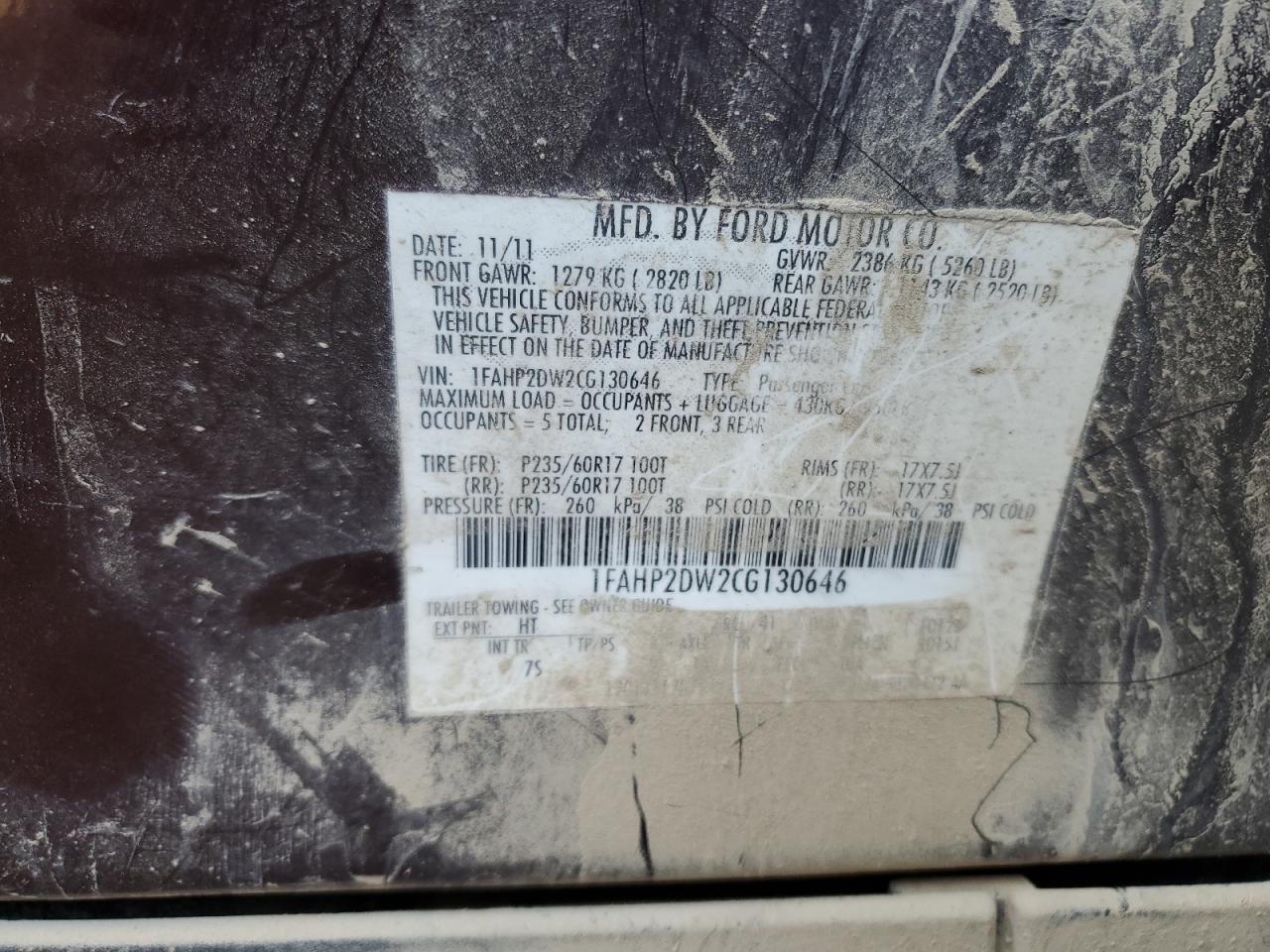 2012 Ford Taurus Se VIN: 1FAHP2DW2CG130646 Lot: 59707964