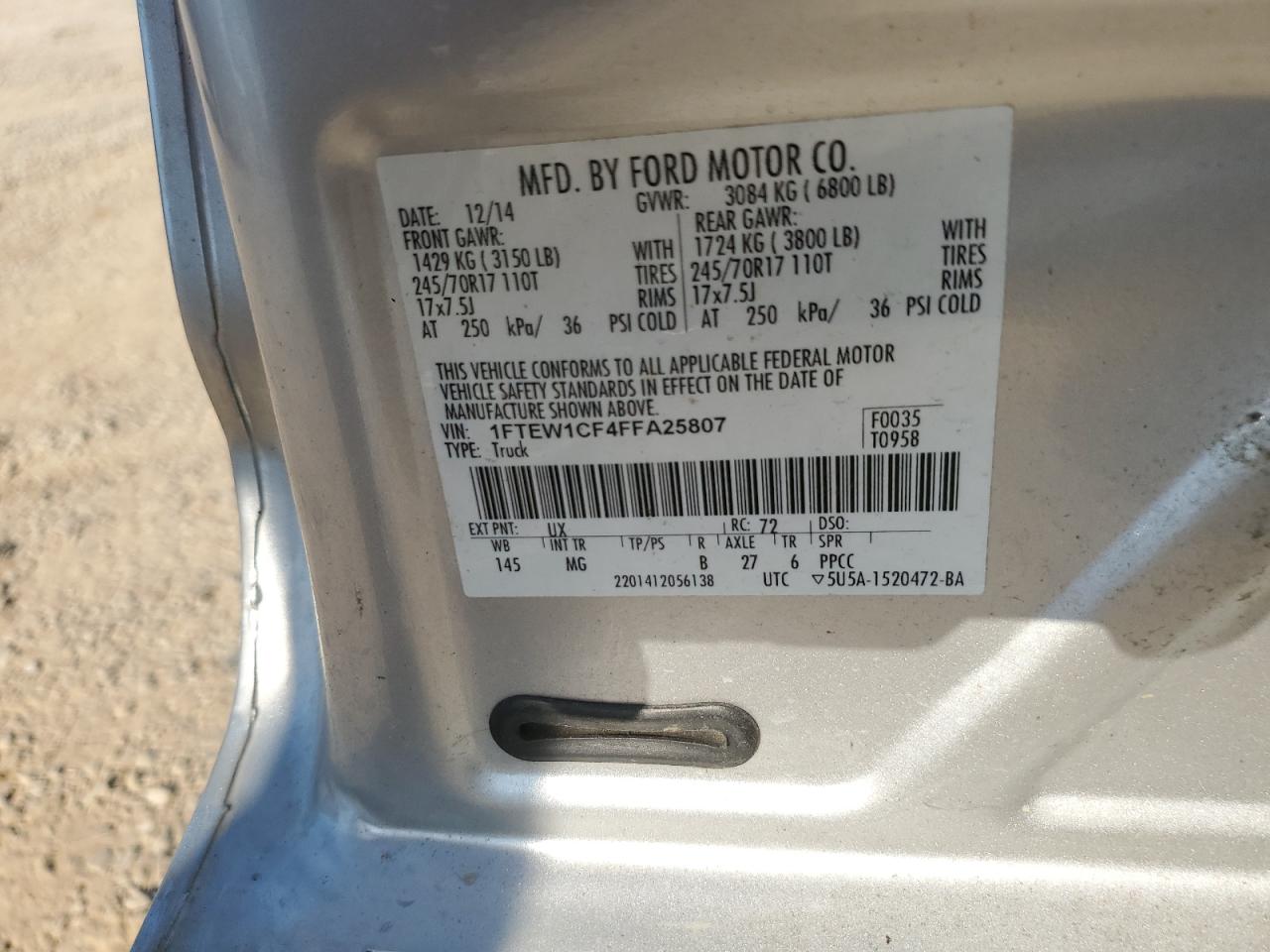 2015 Ford F150 Supercrew VIN: 1FTEW1CF4FFA25807 Lot: 58299314