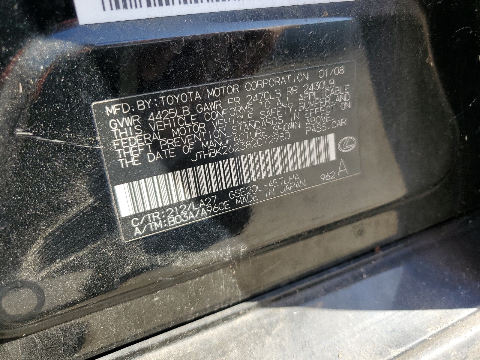 JTHBK262382072980 2008 Lexus Is 250