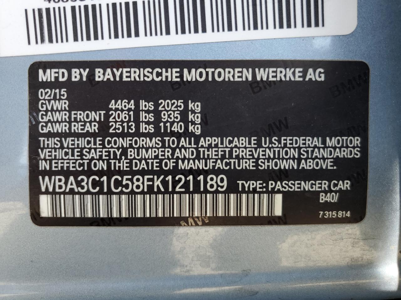 2015 BMW 328 I Sulev VIN: WBA3C1C58FK121189 Lot: 60299544