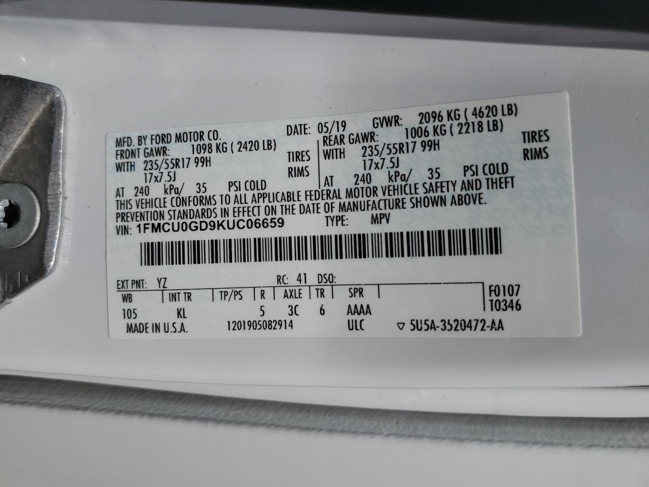 2019 Ford Escape Se VIN: 1FMCU0GD9KUC06659 Lot: 58669434