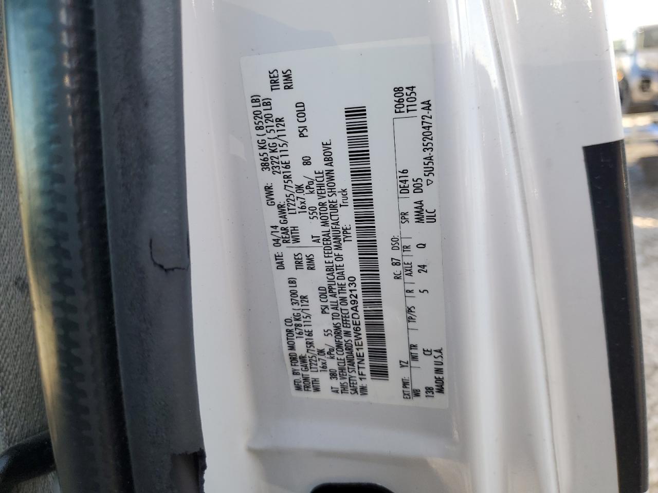 2014 Ford Econoline E150 Van VIN: 1FTNE1EW6EDA92130 Lot: 59150234