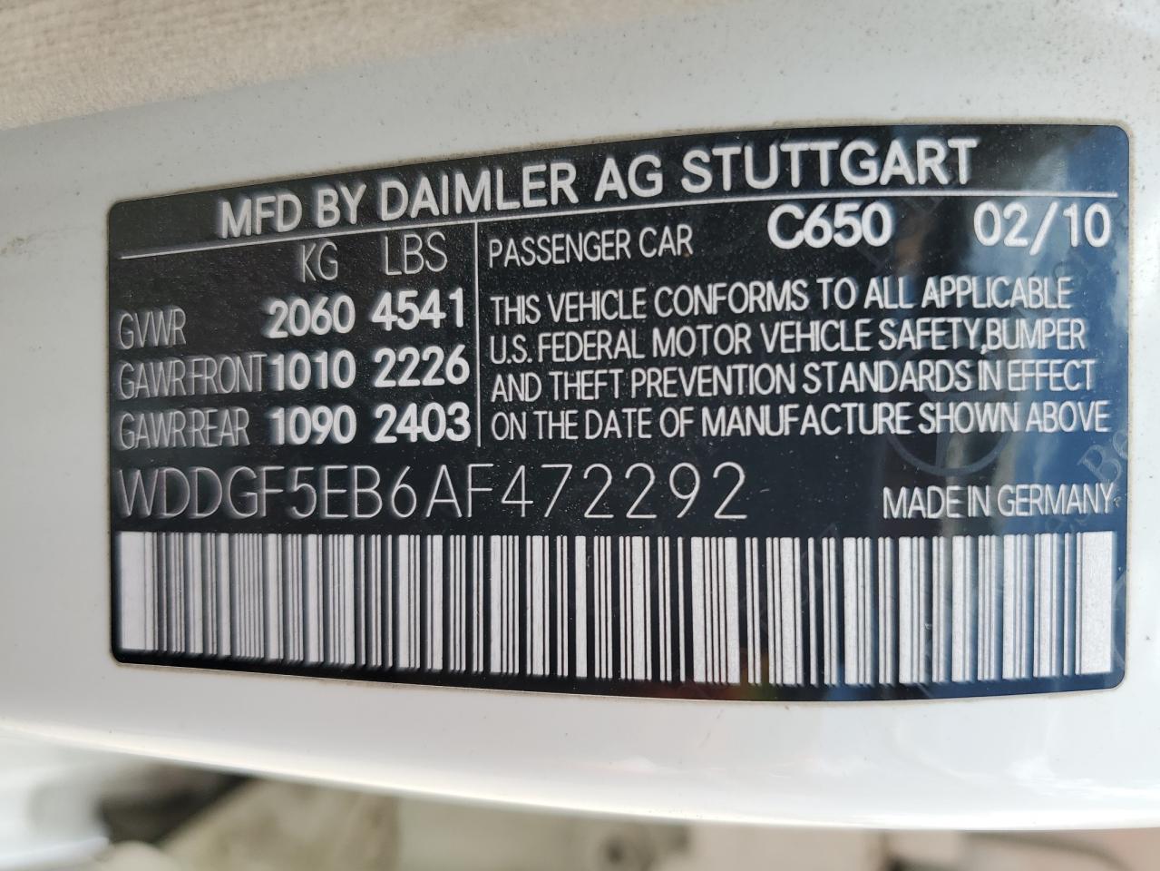 2010 Mercedes-Benz C 300 VIN: WDDGF5EB6AF472292 Lot: 60600194
