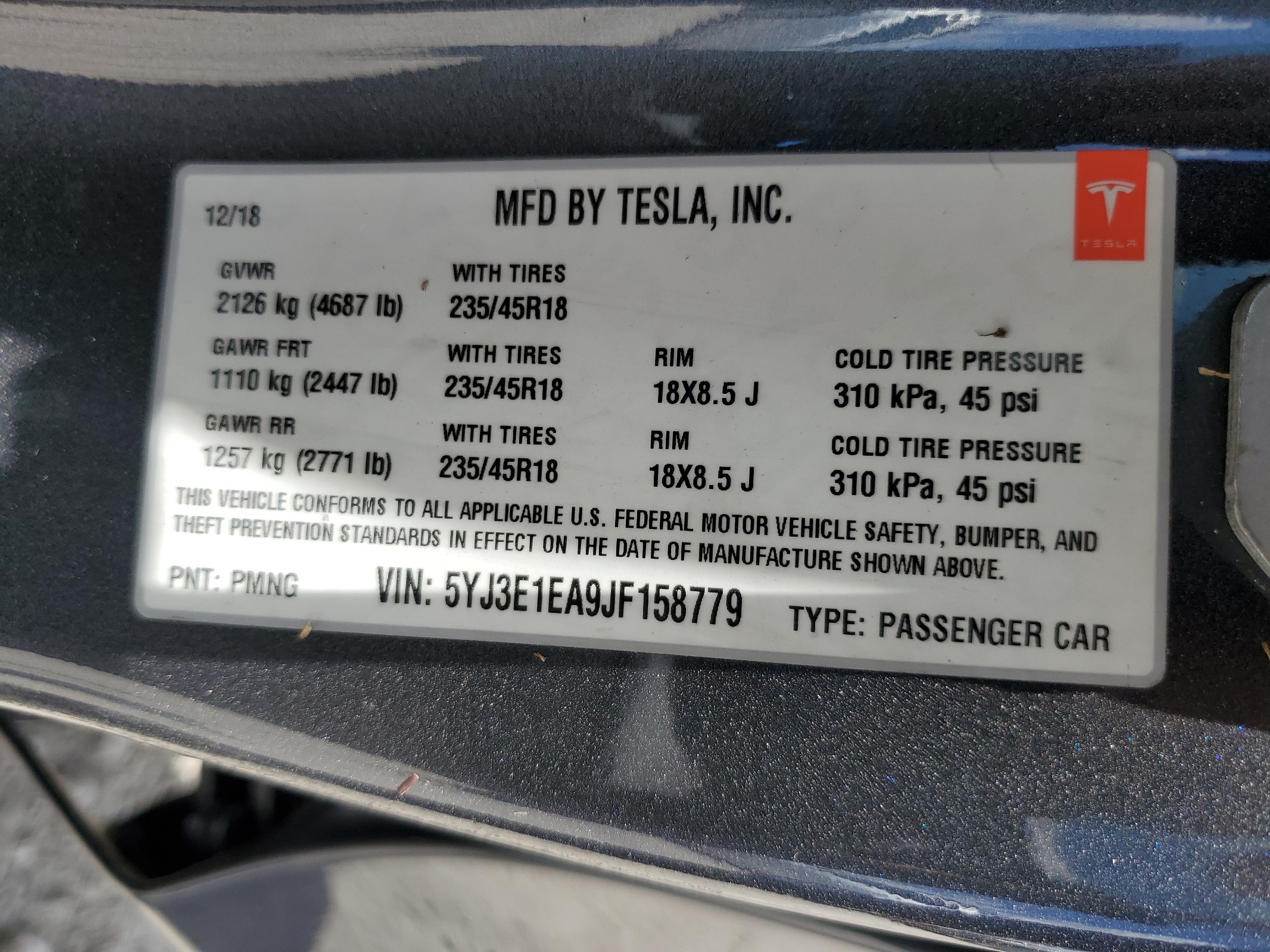 5YJ3E1EA9JF158779 2018 Tesla Model 3