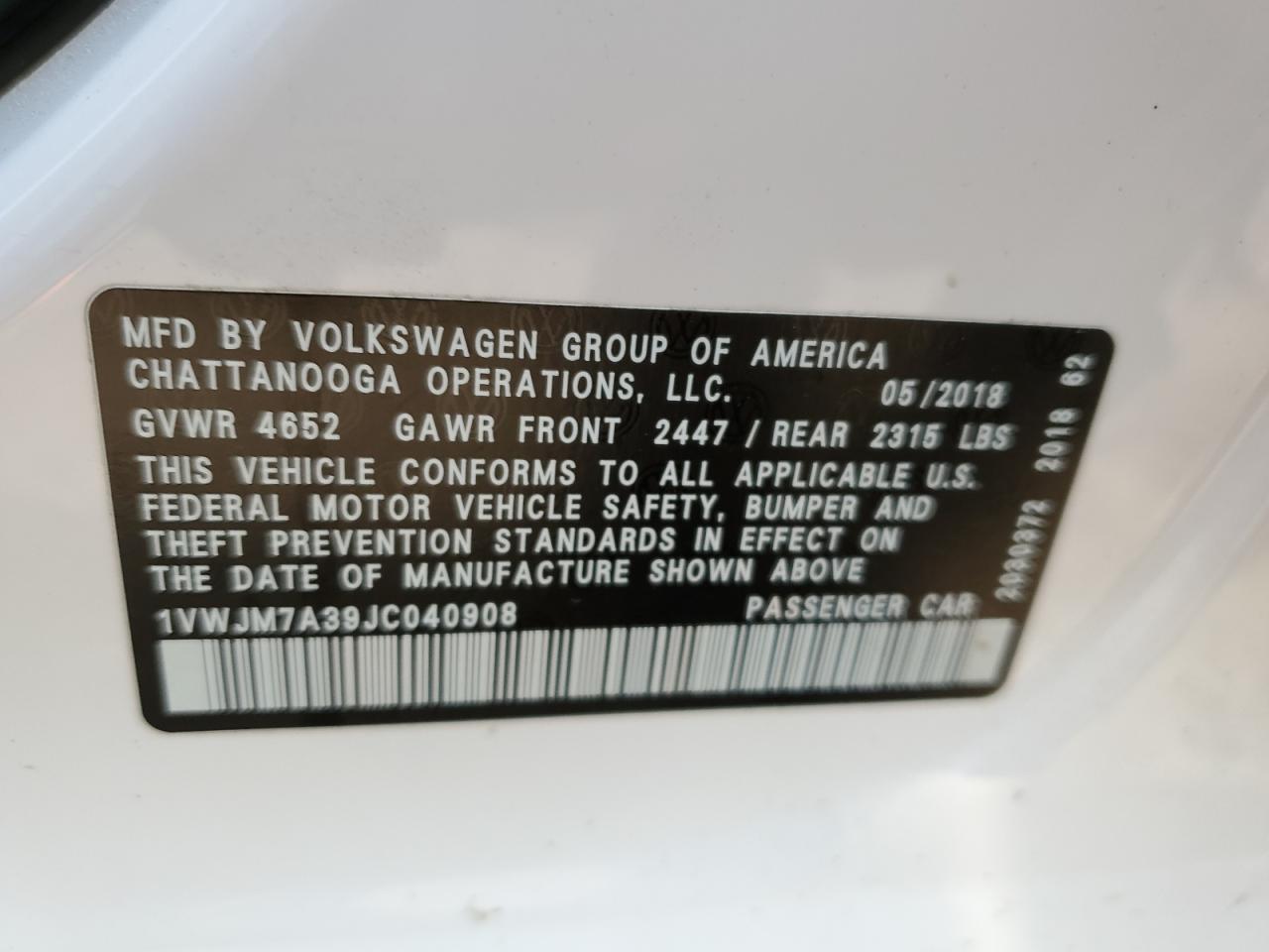 1VWJM7A39JC040908 2018 Volkswagen Passat Gt