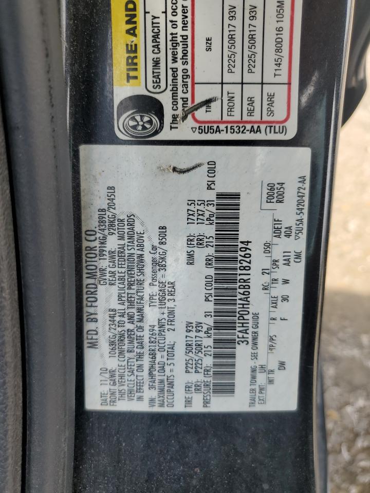 2011 Ford Fusion Se VIN: 3FAHP0HA6BR182694 Lot: 59303454