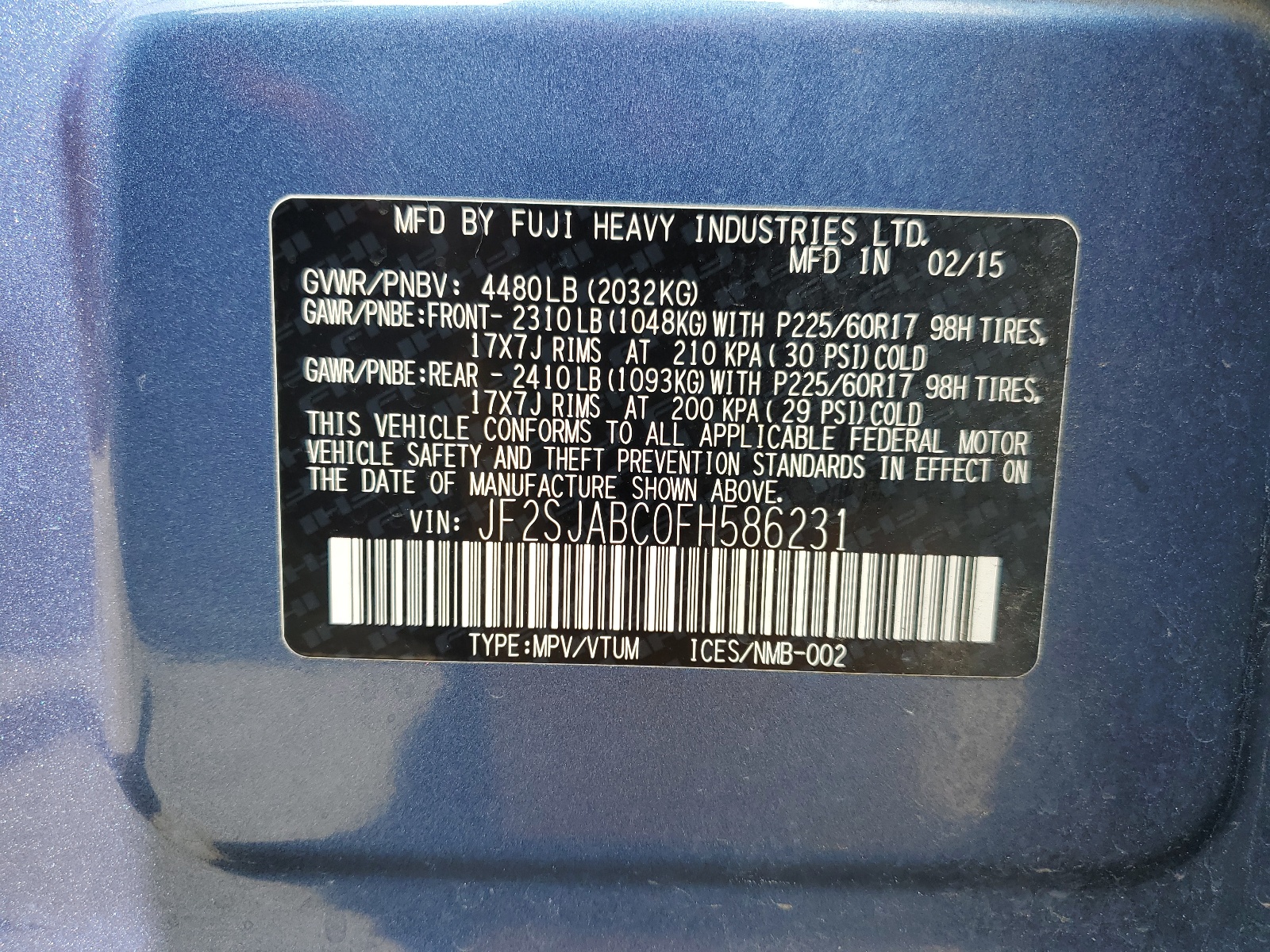 JF2SJABC0FH586231 2015 Subaru Forester 2.5I