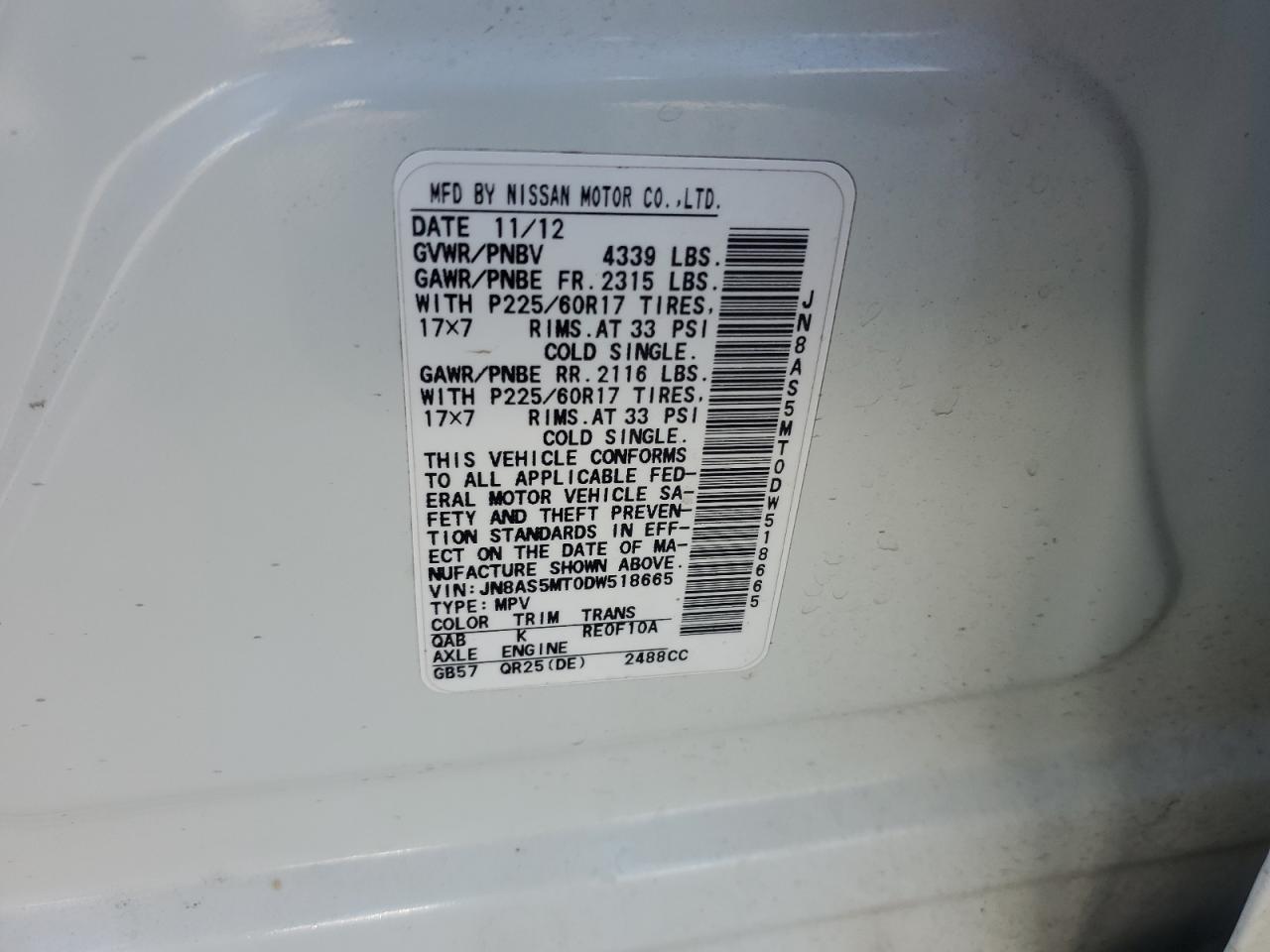 2013 Nissan Rogue S VIN: JN8AS5MT0DW518665 Lot: 60705764