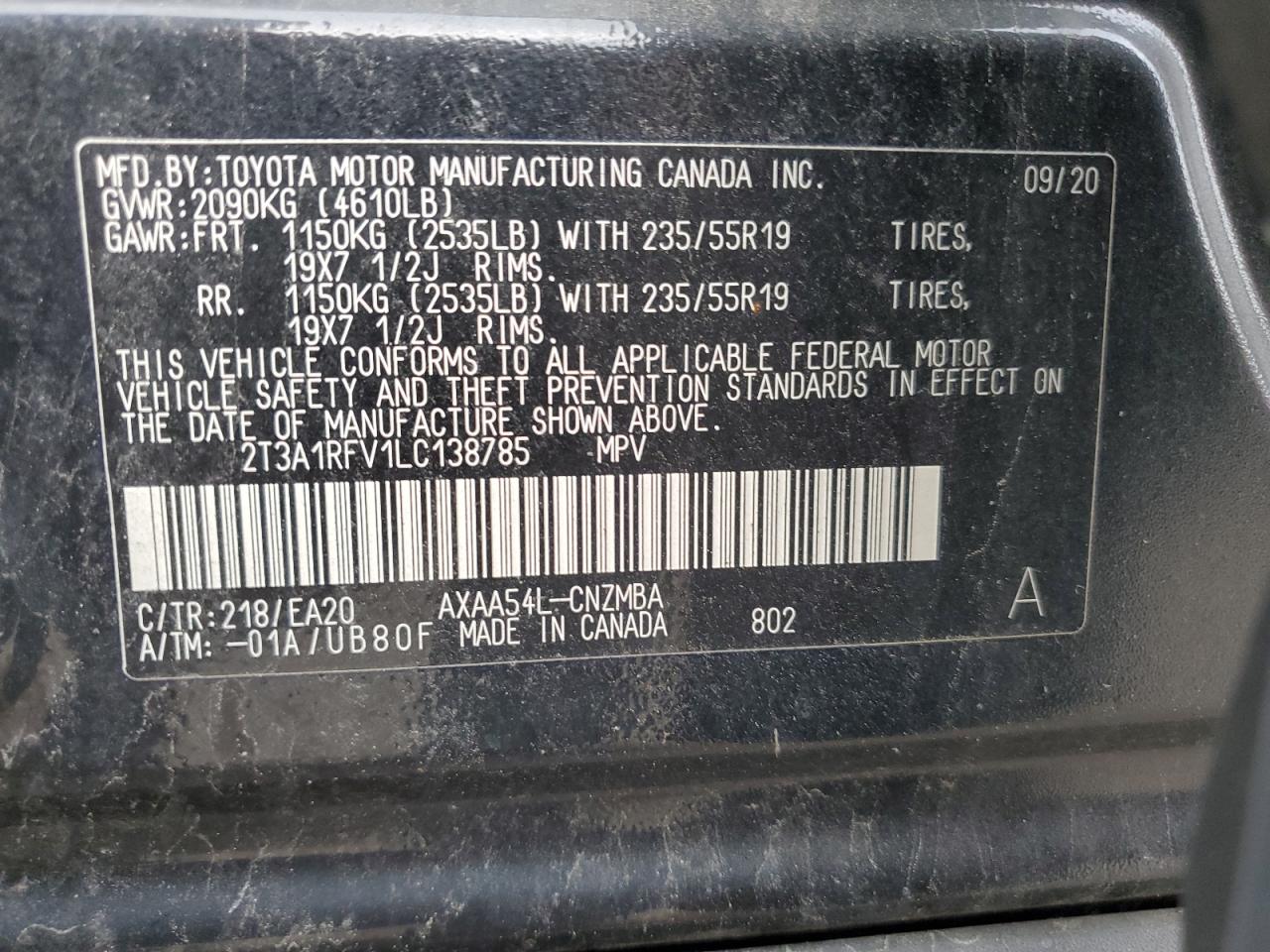 2020 Toyota Rav4 Xle Premium VIN: 2T3A1RFV1LC138785 Lot: 59575234