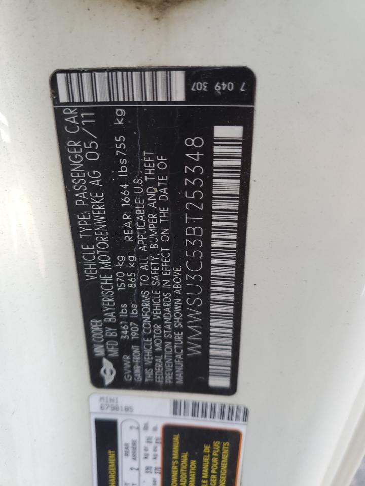 2011 Mini Cooper VIN: WMWSU3C53BT253348 Lot: 58651094