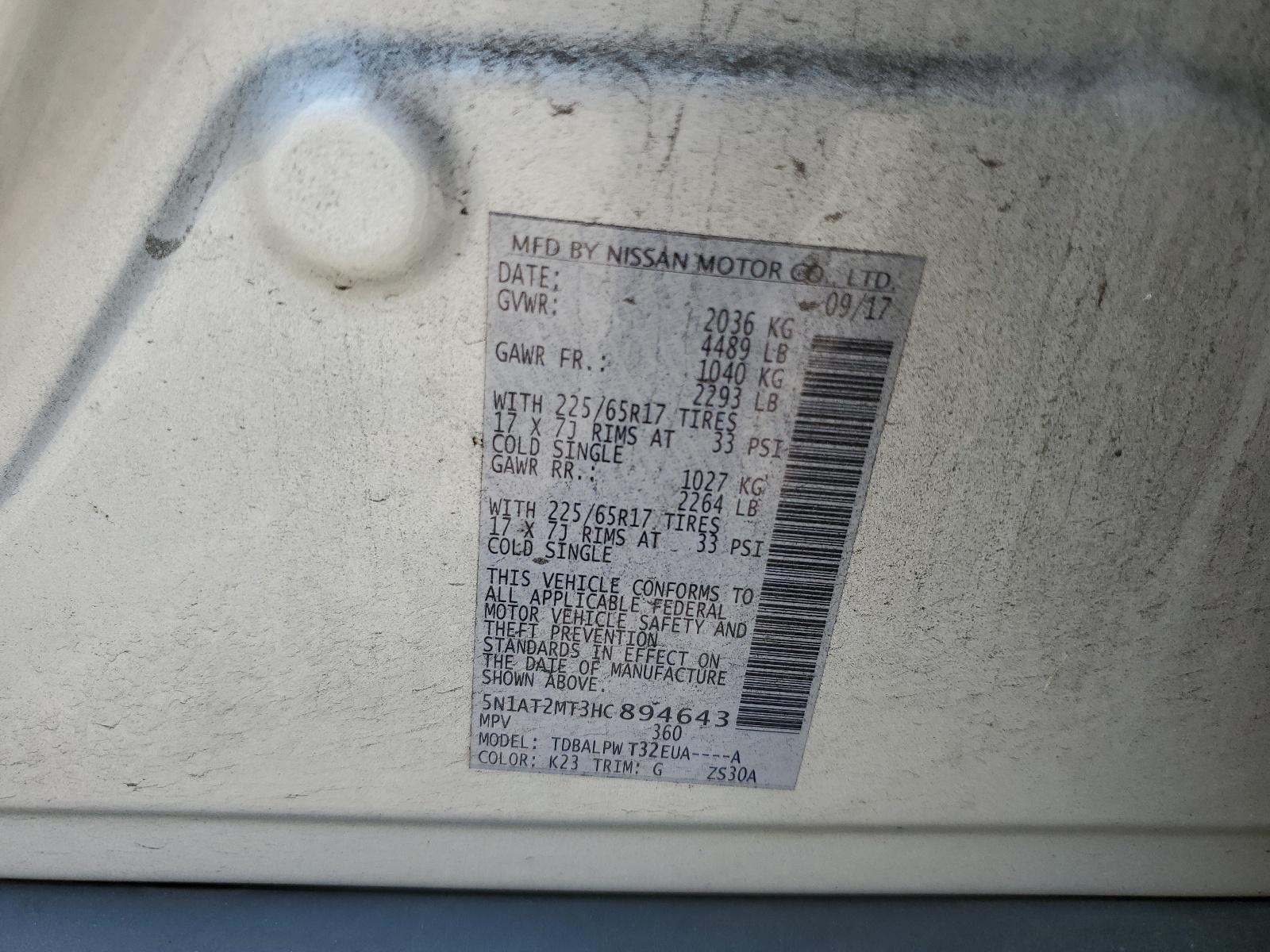 5N1AT2MT3HC894643 2017 Nissan Rogue S