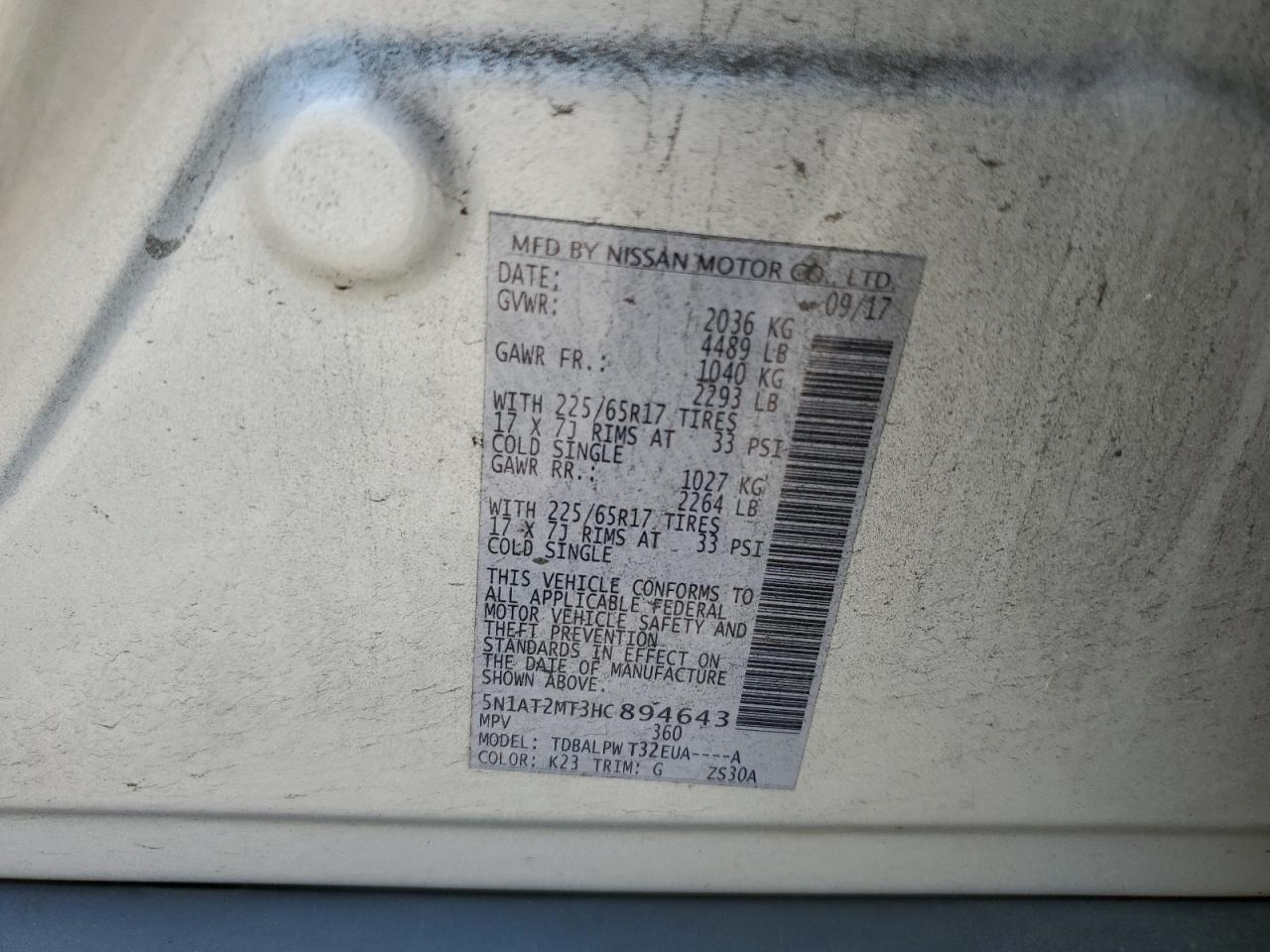 2017 Nissan Rogue S VIN: 5N1AT2MT3HC894643 Lot: 60998724