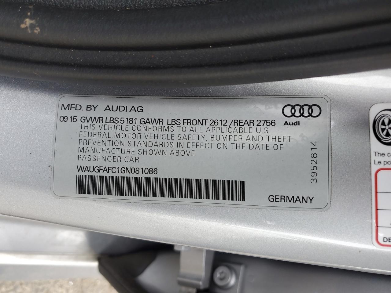 2016 Audi A6 Premium Plus VIN: WAUGFAFC1GN081086 Lot: 55818884