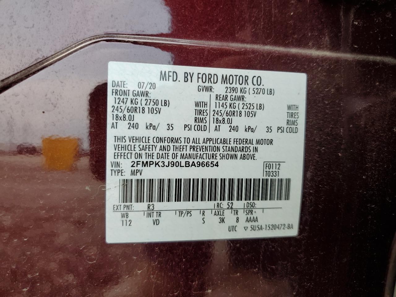 2020 Ford Edge Sel VIN: 2FMPK3J90LBA96654 Lot: 57165224