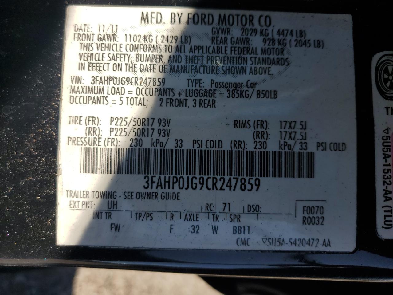 2012 Ford Fusion Sel VIN: 3FAHP0JG9CR247859 Lot: 60914784