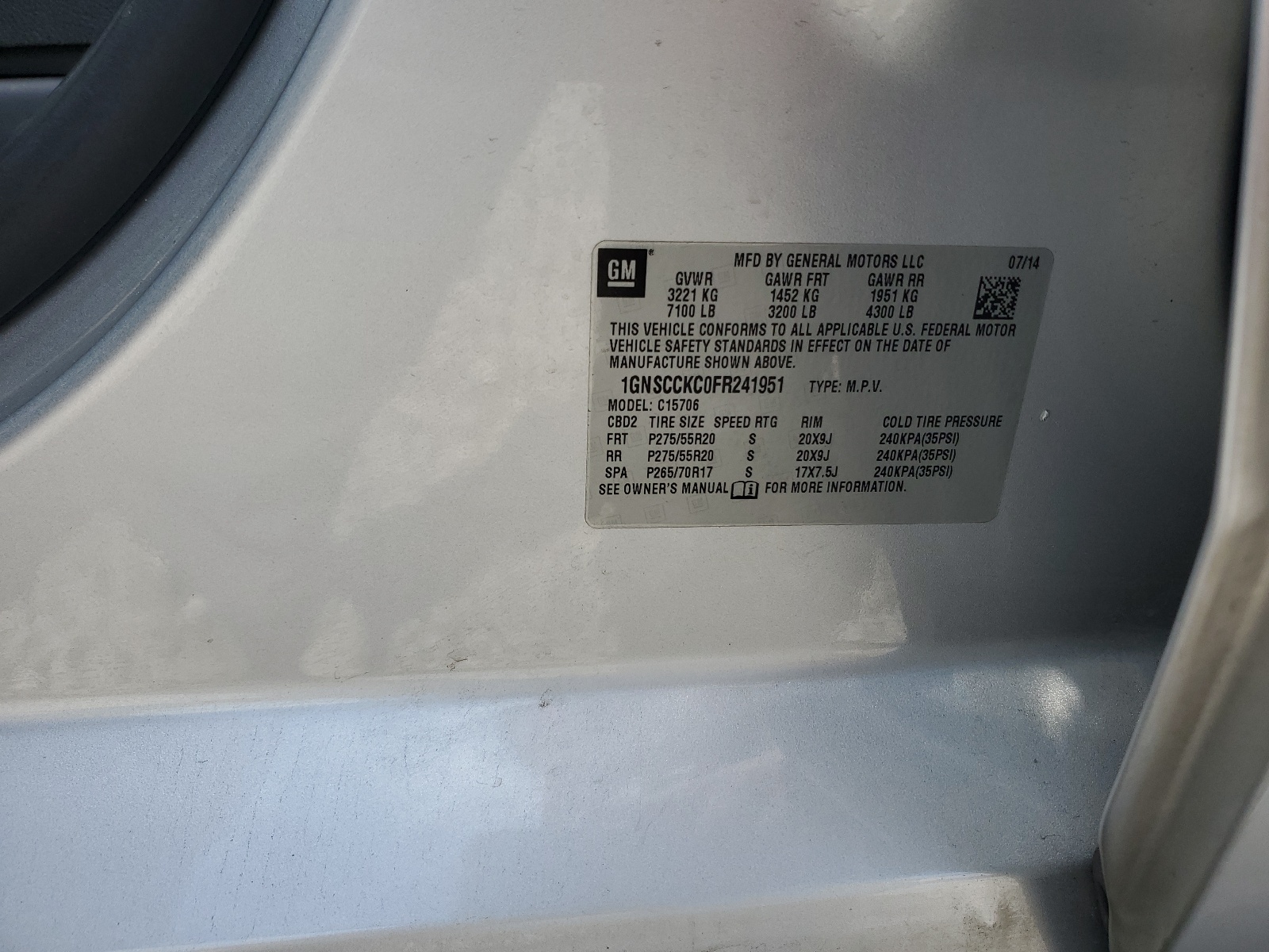 1GNSCCKC0FR241951 2015 Chevrolet Tahoe C1500 Ltz