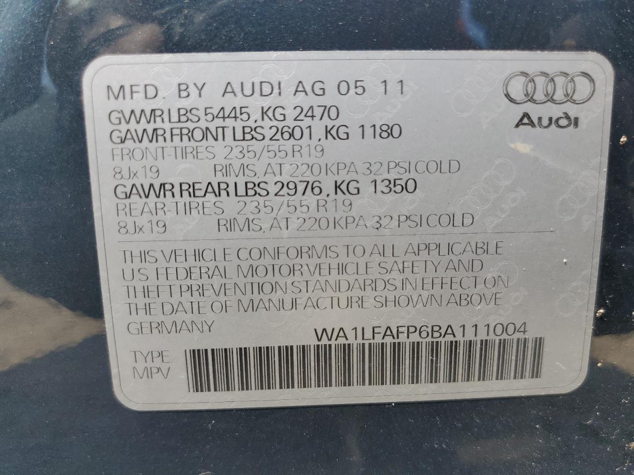 WA1LFAFP6BA111004 2011 Audi Q5 Premium Plus