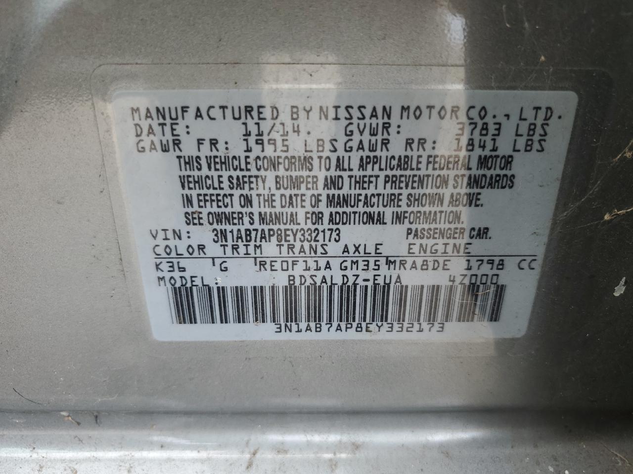 3N1AB7AP8EY332173 2014 Nissan Sentra S