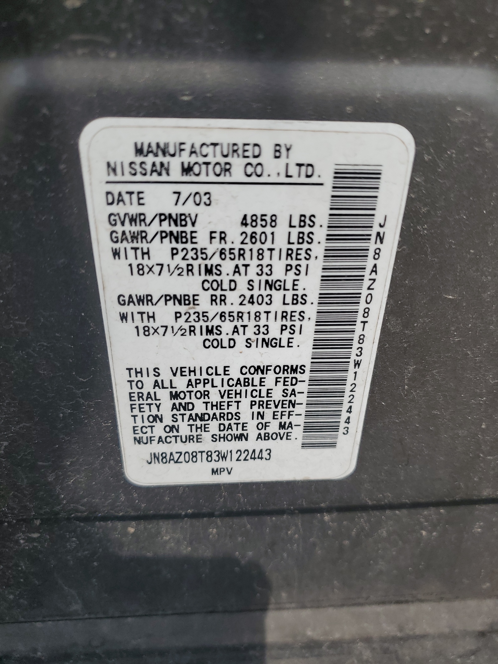 JN8AZ08T83W122443 2003 Nissan Murano Sl