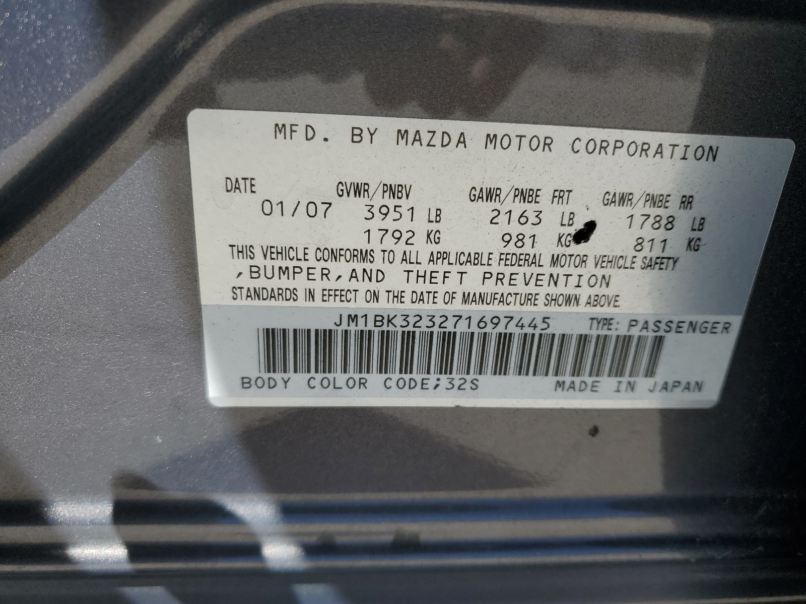 JM1BK323271697445 2007 Mazda 3 S