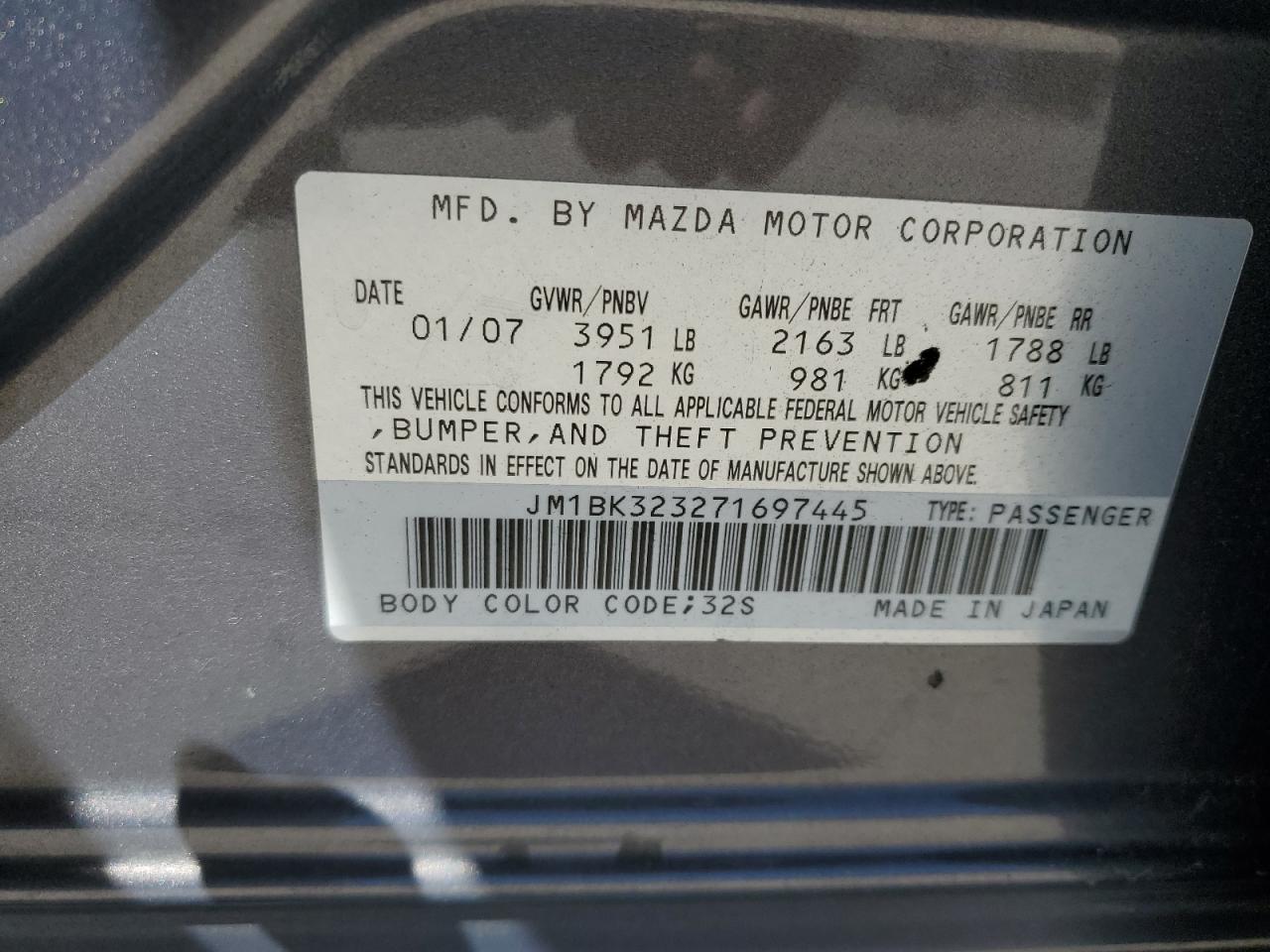 2007 Mazda 3 S VIN: JM1BK323271697445 Lot: 59733624