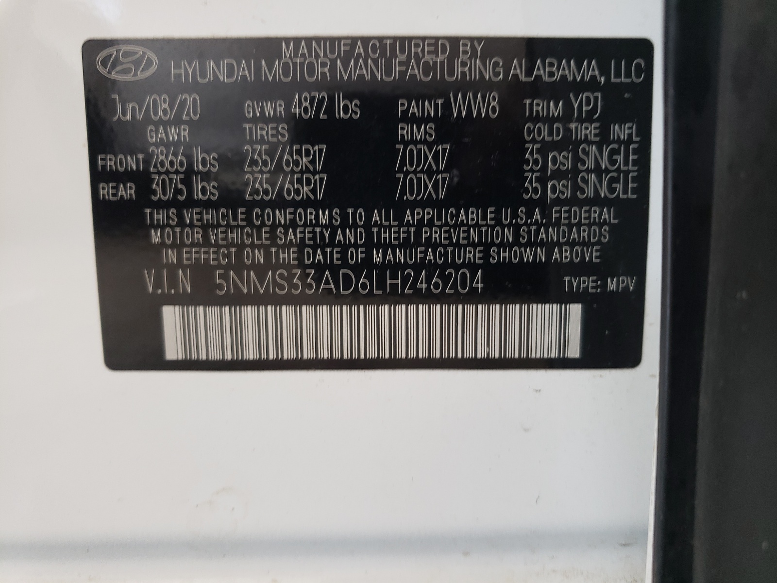 5NMS33AD6LH246204 2020 Hyundai Santa Fe Sel
