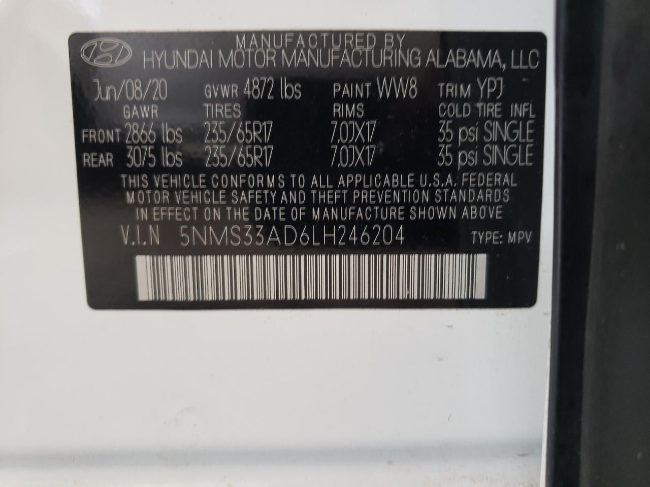 2020 Hyundai Santa Fe Sel VIN: 5NMS33AD6LH246204 Lot: 60735294