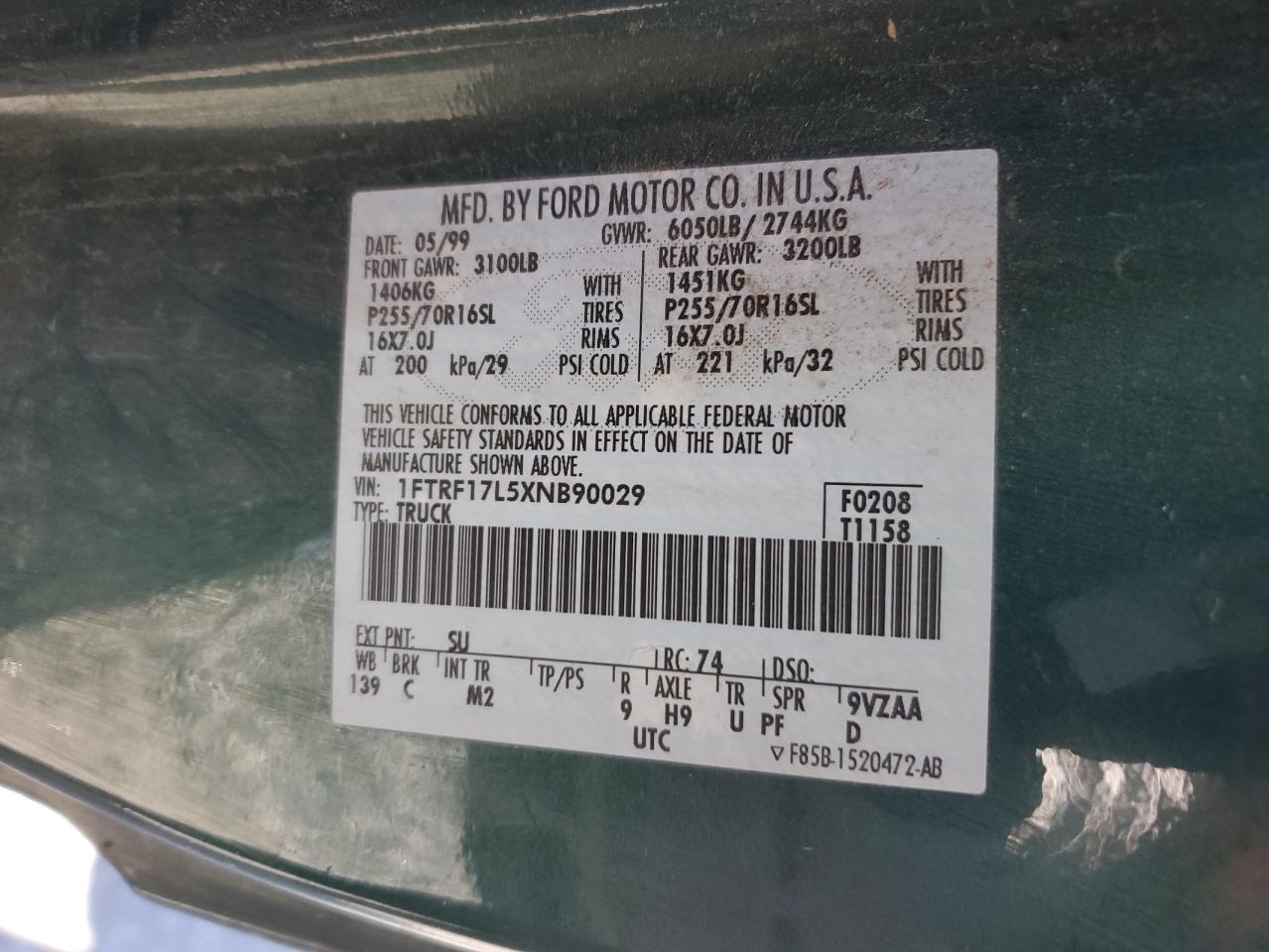 1999 Ford F150 VIN: 1FTRF17L5XNB90029 Lot: 57354084