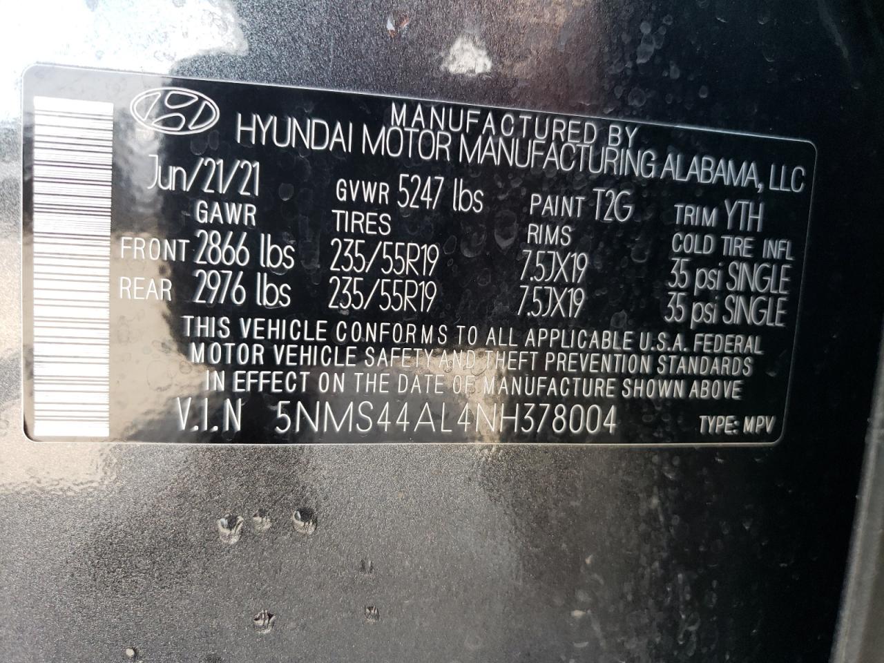 2022 Hyundai Santa Fe Limited VIN: 5NMS44AL4NH378004 Lot: 60871864