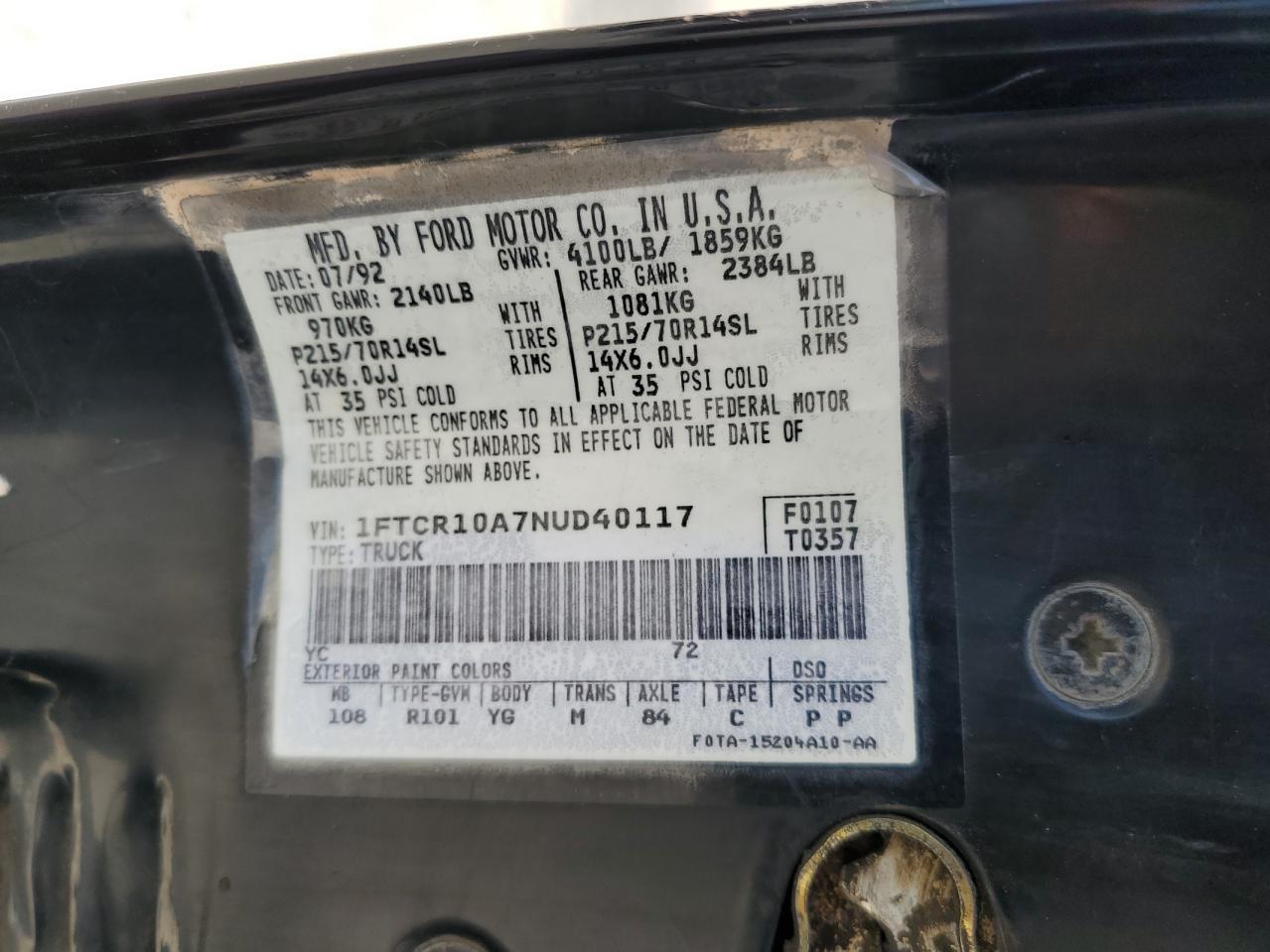 1992 Ford Ranger VIN: 1FTCR10A7NUD40117 Lot: 58461884