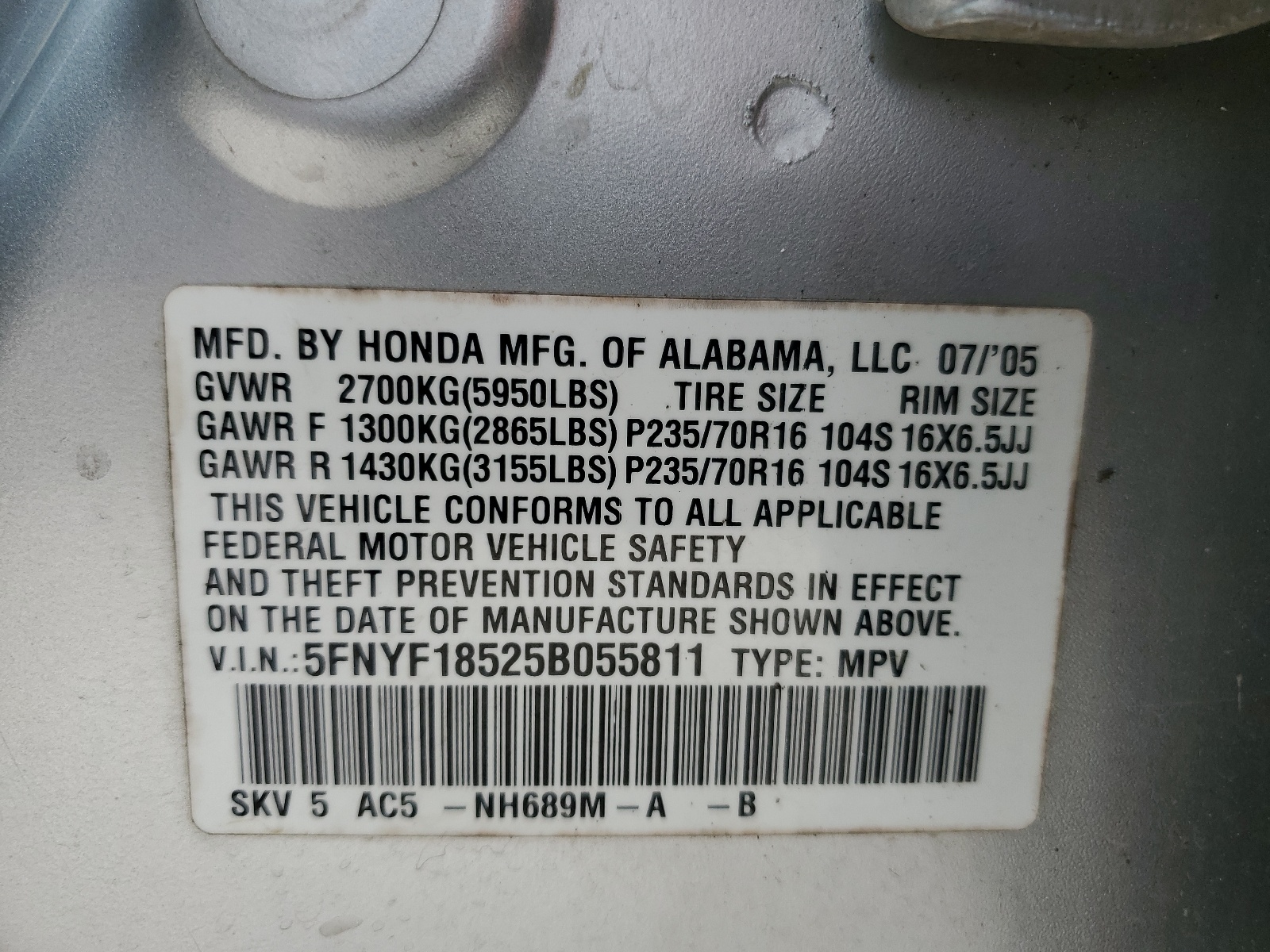 5FNYF18525B055811 2005 Honda Pilot Exl