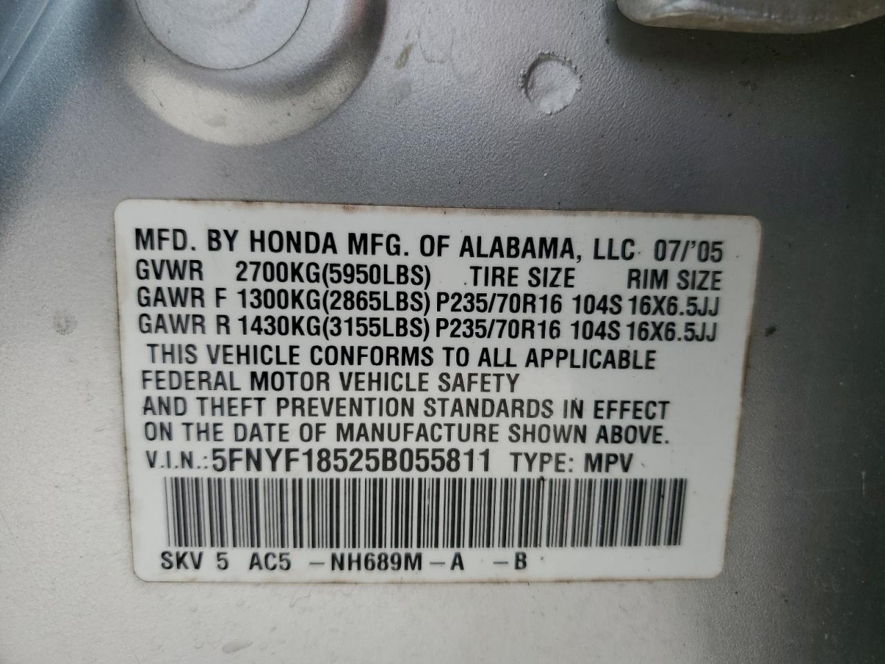 2005 Honda Pilot Exl VIN: 5FNYF18525B055811 Lot: 59744324