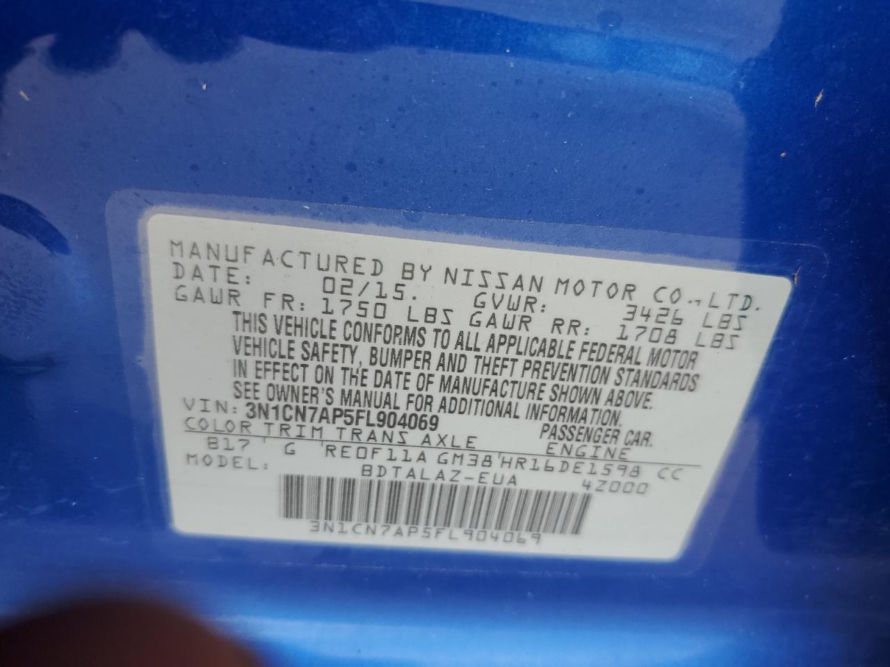 2015 Nissan Versa S VIN: 3N1CN7AP5FL904069 Lot: 58730894