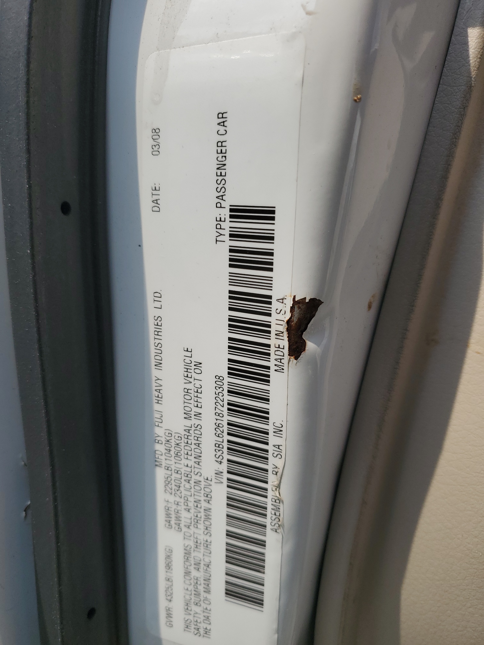 4S3BL626187225308 2008 Subaru Legacy 2.5I Limited