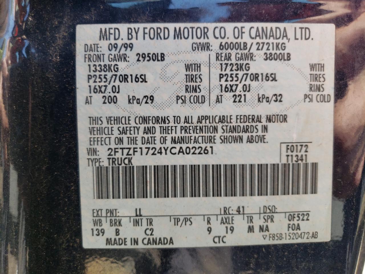 2000 Ford F150 VIN: 2FTZF1724YCA02261 Lot: 63601654