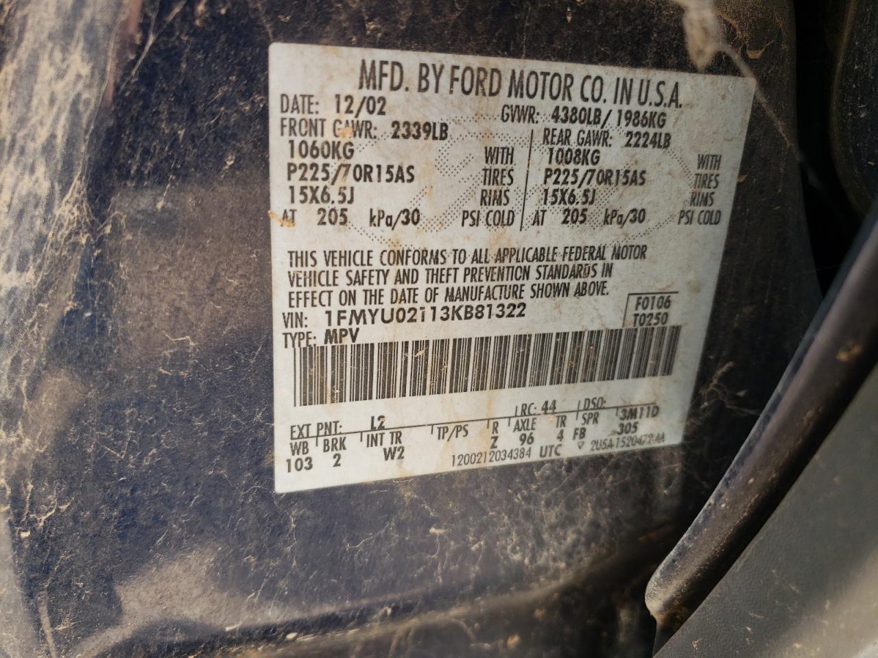 2003 Ford Escape Xls VIN: 1FMYU02113KB81322 Lot: 60479154