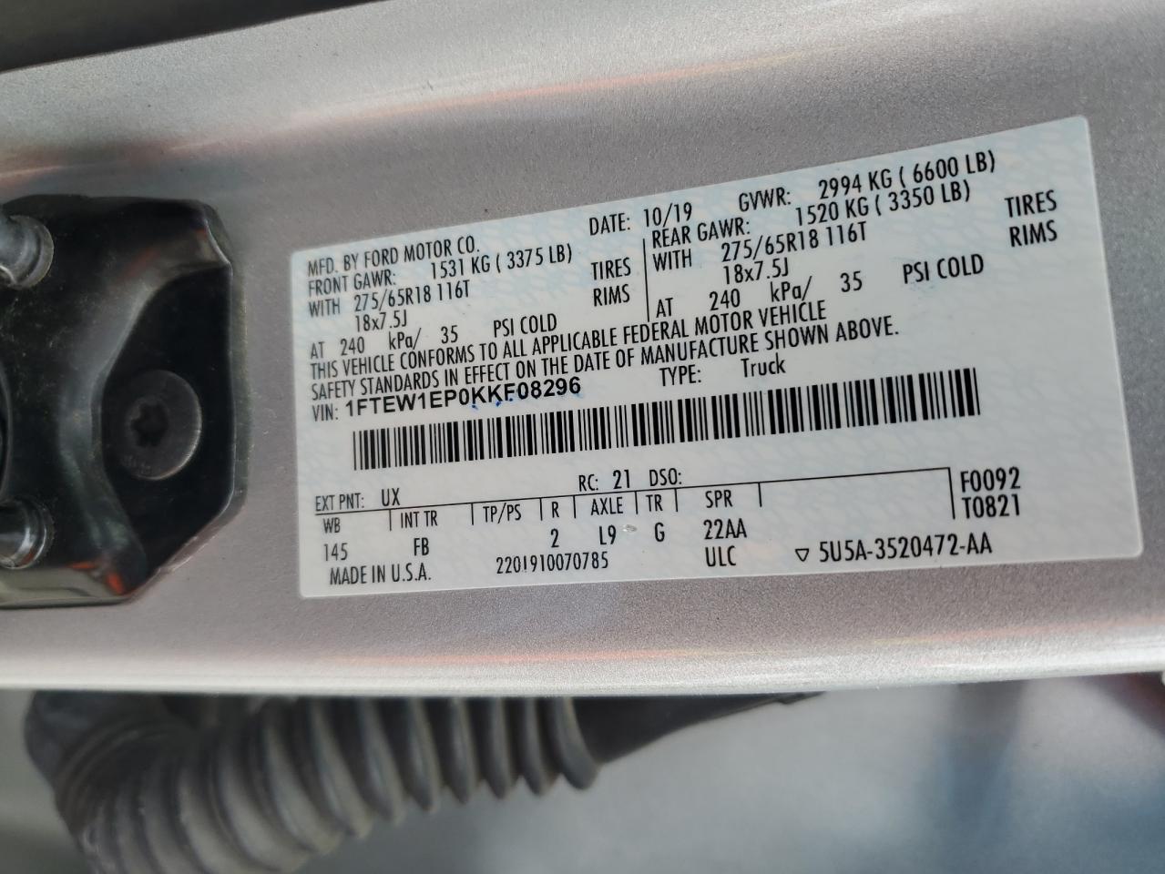 1FTEW1EP0KKF08296 2019 Ford F150 Supercrew