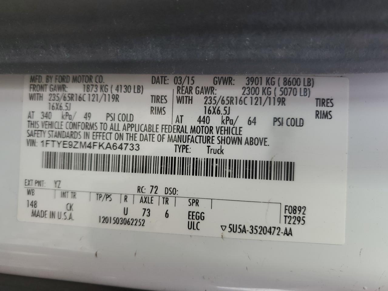 2015 Ford Transit T-150 VIN: 1FTYE9ZM4FKA64733 Lot: 60153534