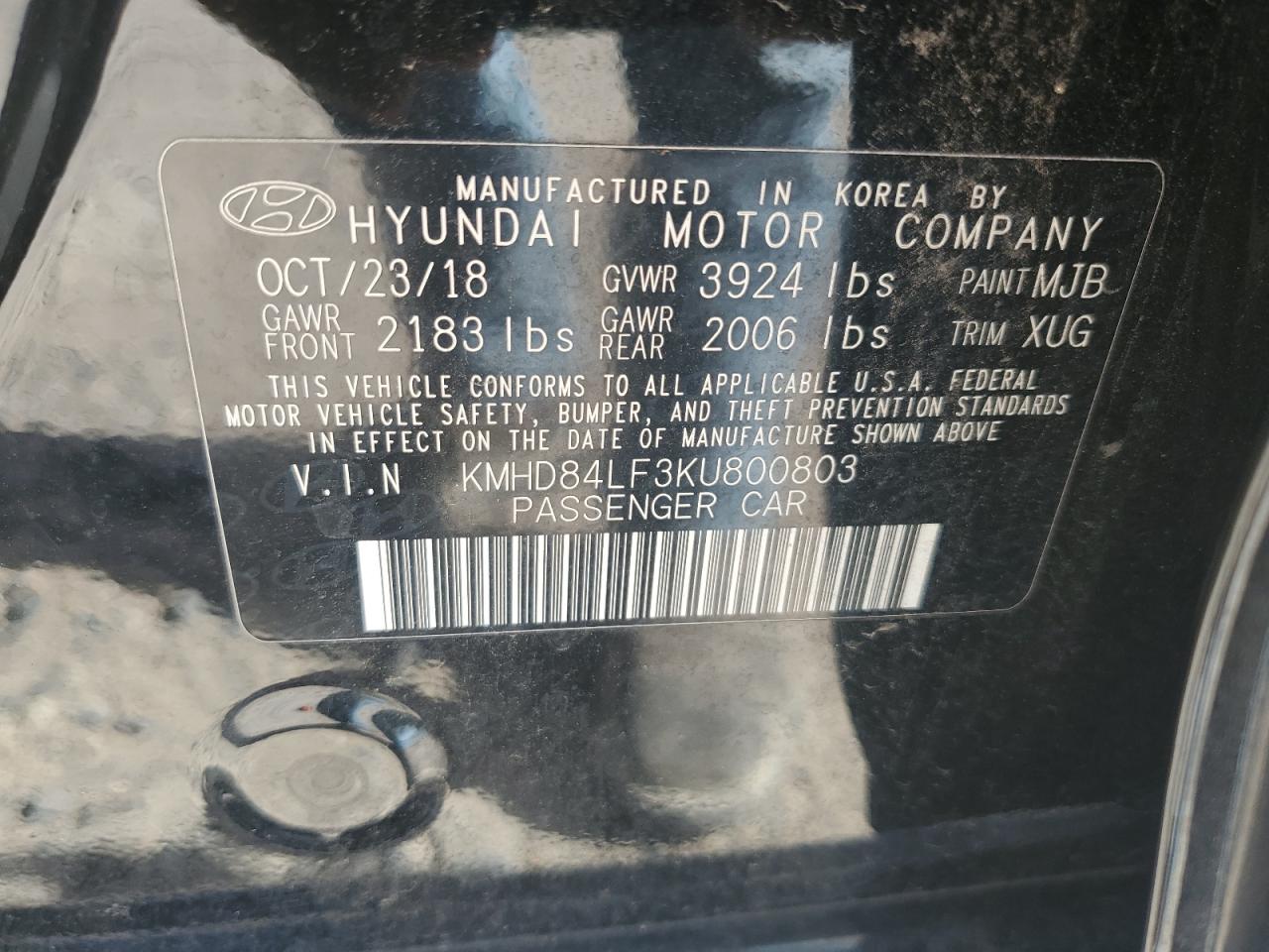 KMHD84LF3KU800803 2019 Hyundai Elantra Sel