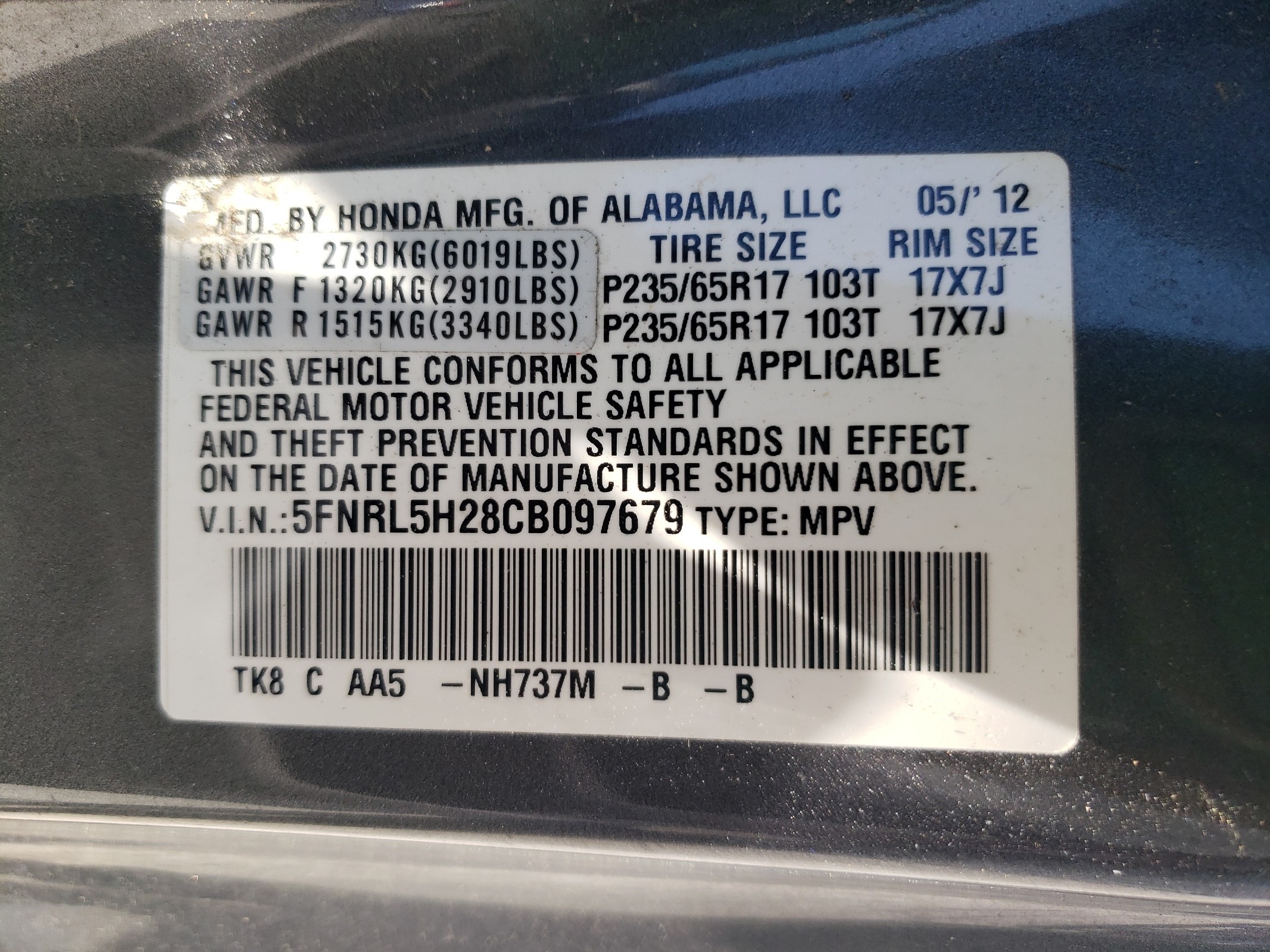 5FNRL5H28CB097679 2012 Honda Odyssey Lx