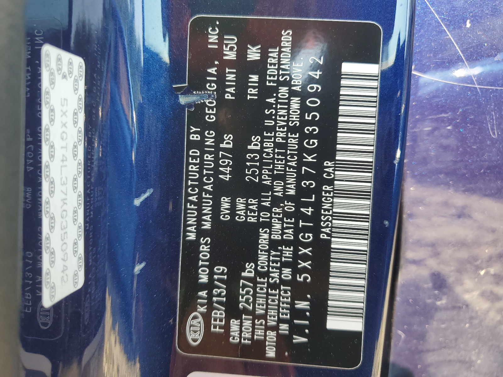 5XXGT4L37KG350942 2019 Kia Optima Lx