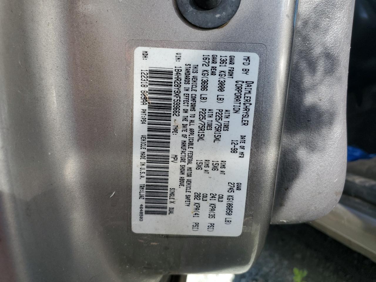 1999 Dodge Durango VIN: 1B4HR28Y9XF599662 Lot: 59798244