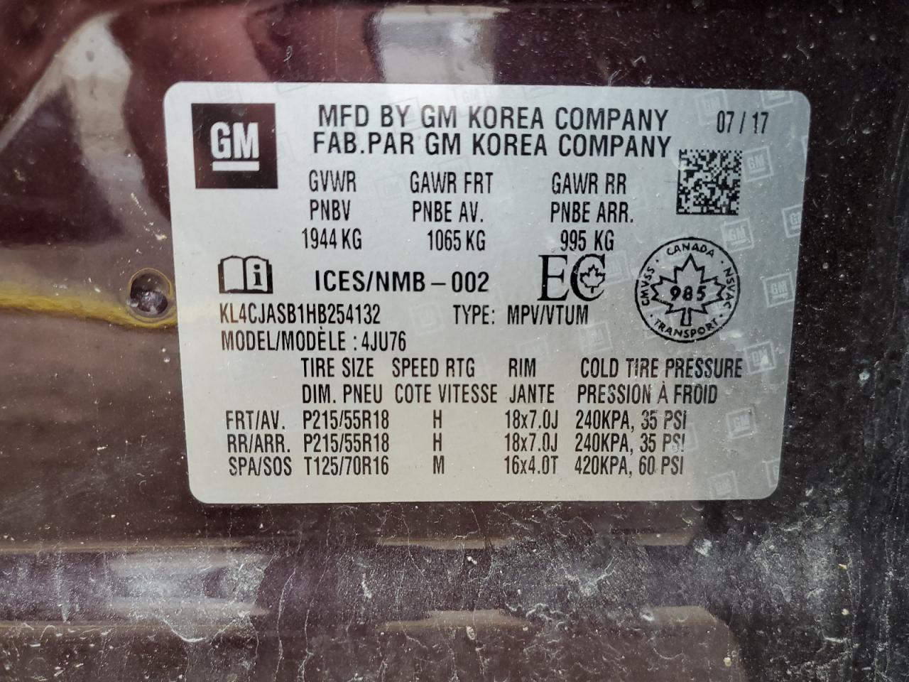 2017 Buick Encore Preferred VIN: KL4CJASB1HB254132 Lot: 60776804