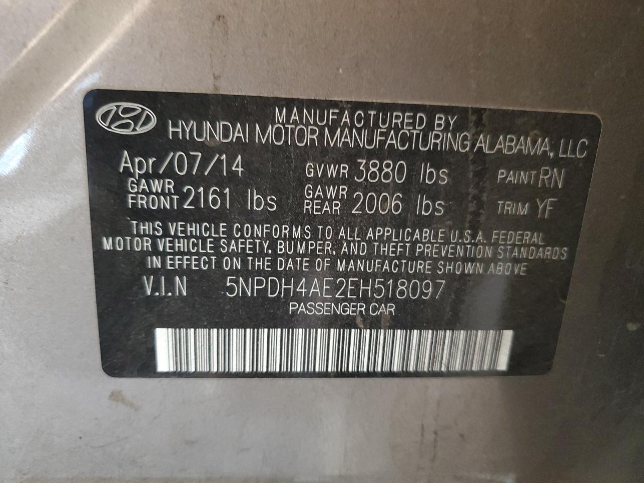 2014 Hyundai Elantra Se VIN: 5NPDH4AE2EH518097 Lot: 58096884